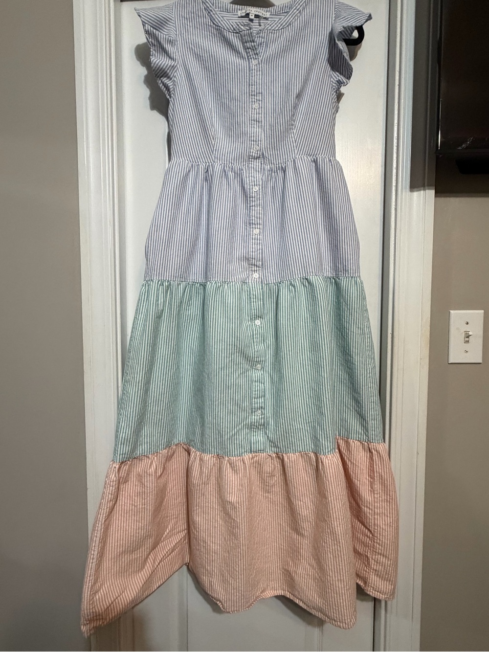 English Factory Tiered Striped Dress in Blue, Green & Pink